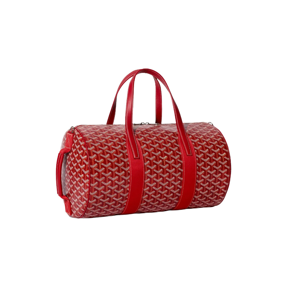 Angled view of Goyard Barrel 40 Sports Bag in Red highlighting adjustable strap attachments and premium calfskin trim – shop designer bags at McKickz.