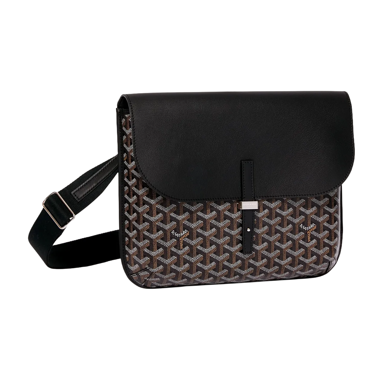 Side profile of Goyard Coursier Messenger Bag in black with Goyardine canvas and leather flap closure.
