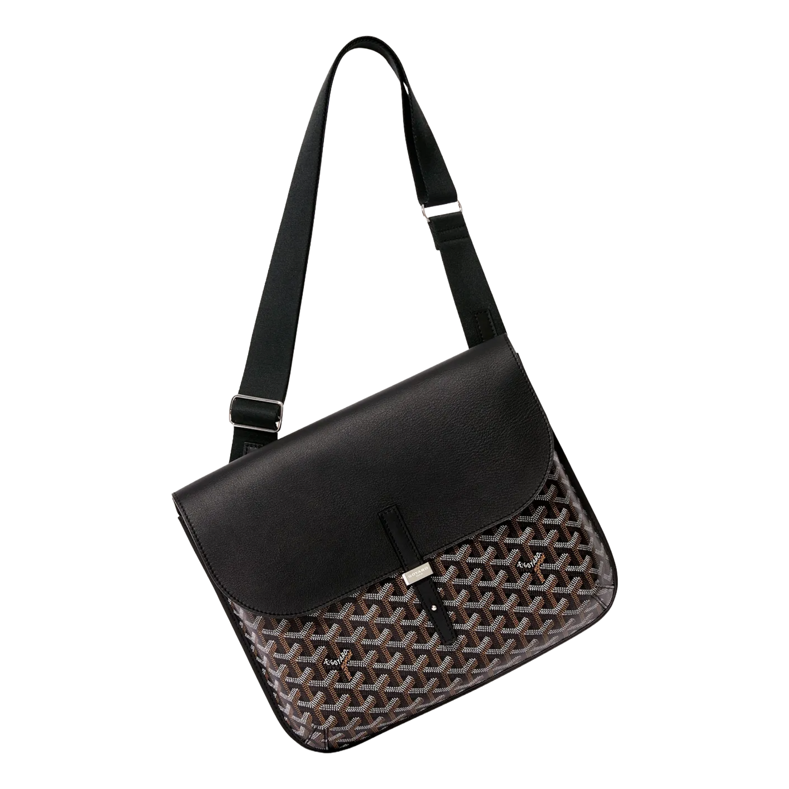 Angled view of Goyard Coursier Messenger Bag highlighting sleek profile and adjustable strap.