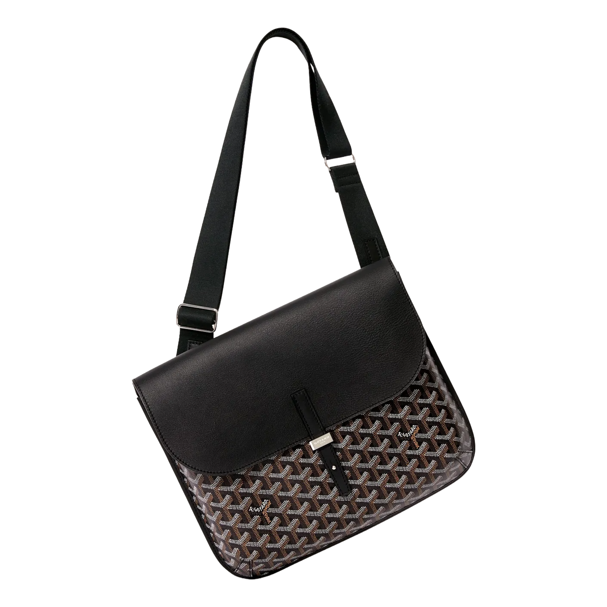 Angled view of Goyard Coursier Messenger Bag highlighting sleek profile and adjustable strap.