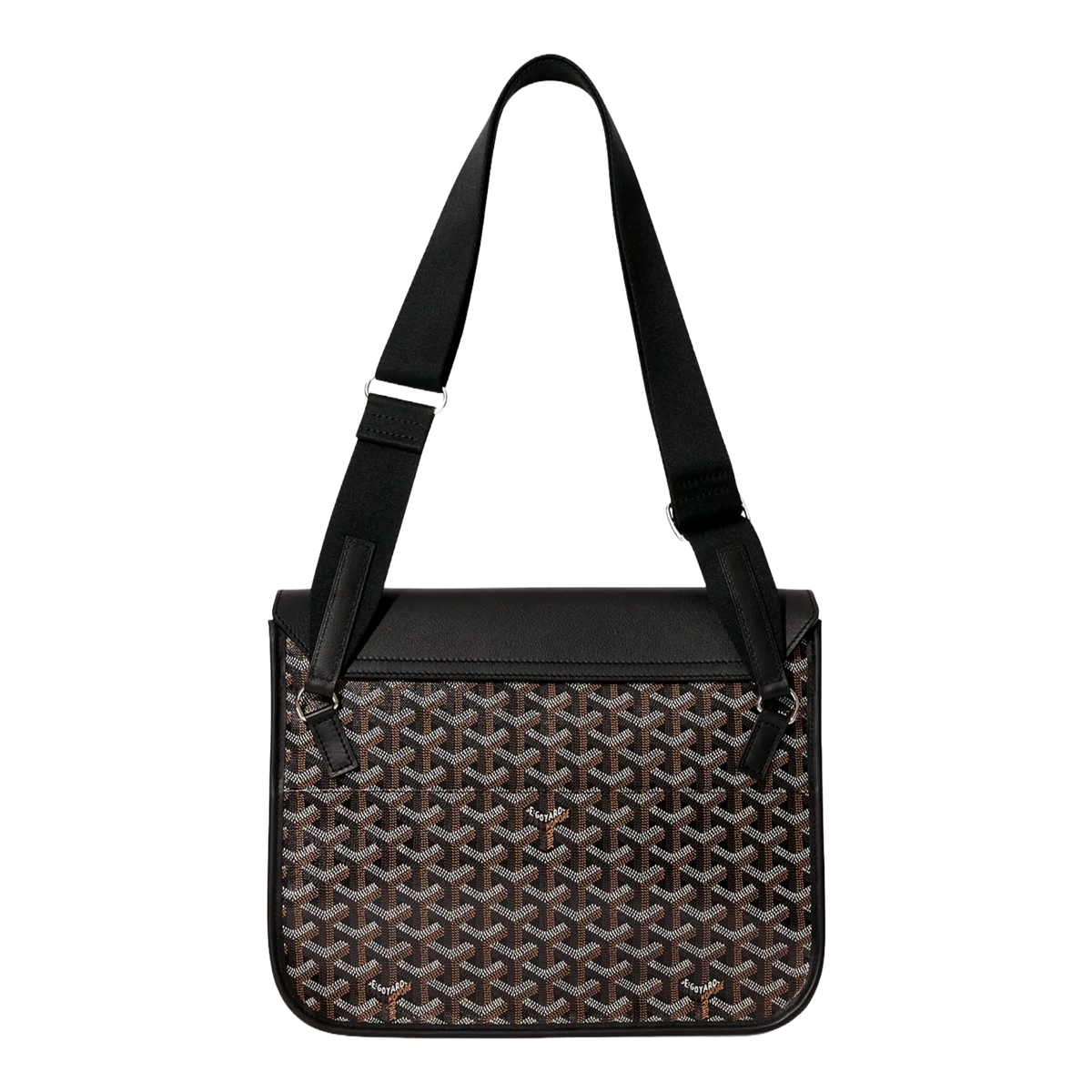 Back view of Goyard Coursier Messenger Bag showing adjustable black shoulder strap and patterned canvas.