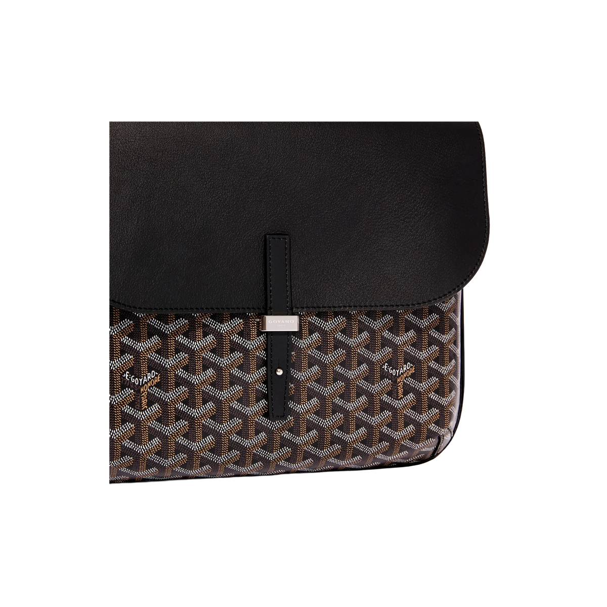 Front view of black Goyard Coursier Messenger Bag with signature Goyardine canvas and leather strap closure.
