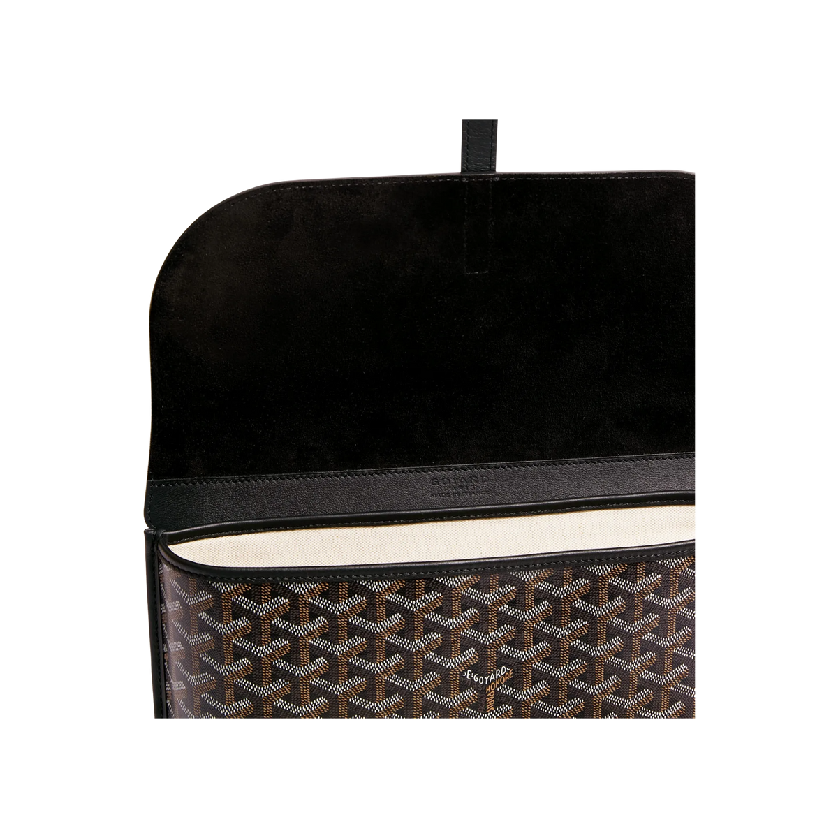 Open Goyard Coursier Messenger Bag in black with visible beige interior and premium leather flap.