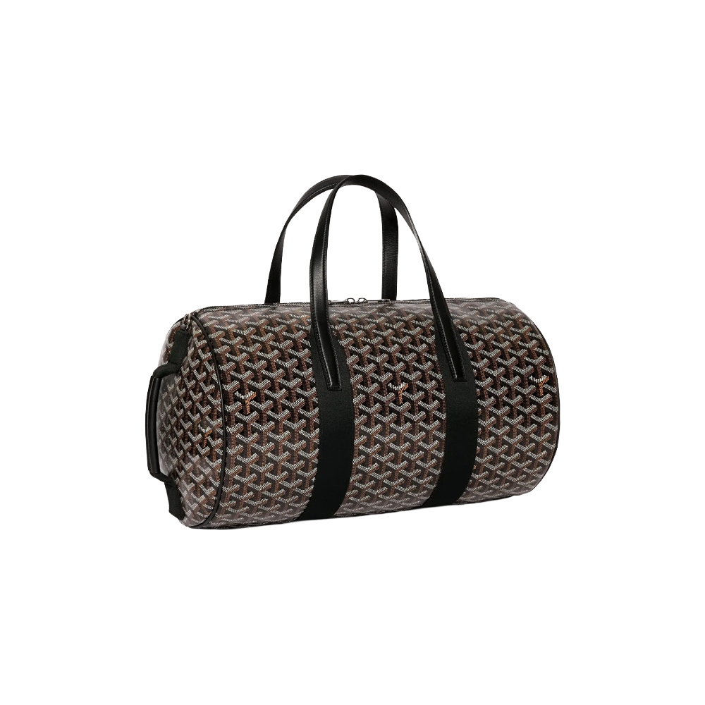 Angled view of Goyard Barrel 40 Sports Bag in Black highlighting adjustable strap attachments and premium calfskin trim – shop designer bags at McKickz.