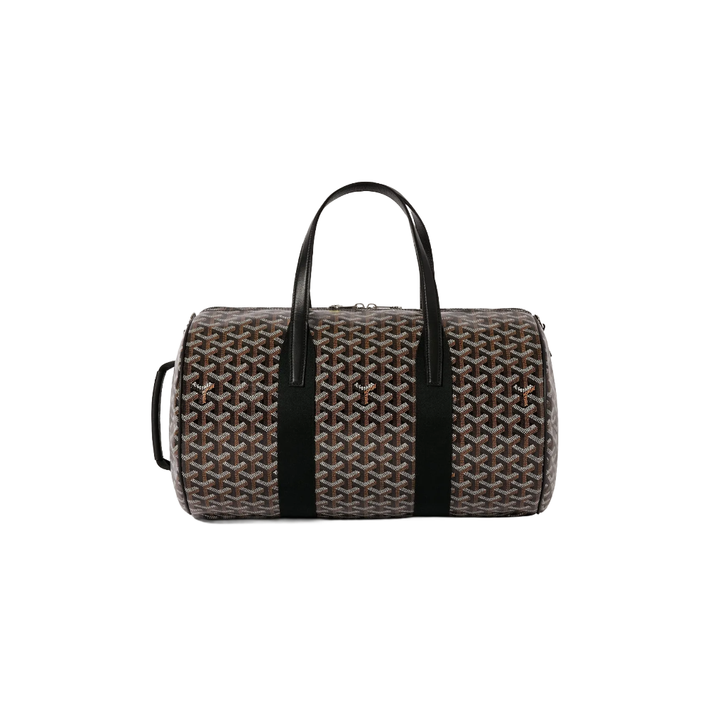 Front view of Goyard Barrel 40 Sports Bag in Black featuring dual leather handles and signature chevron pattern – luxury duffle for sport or travel.