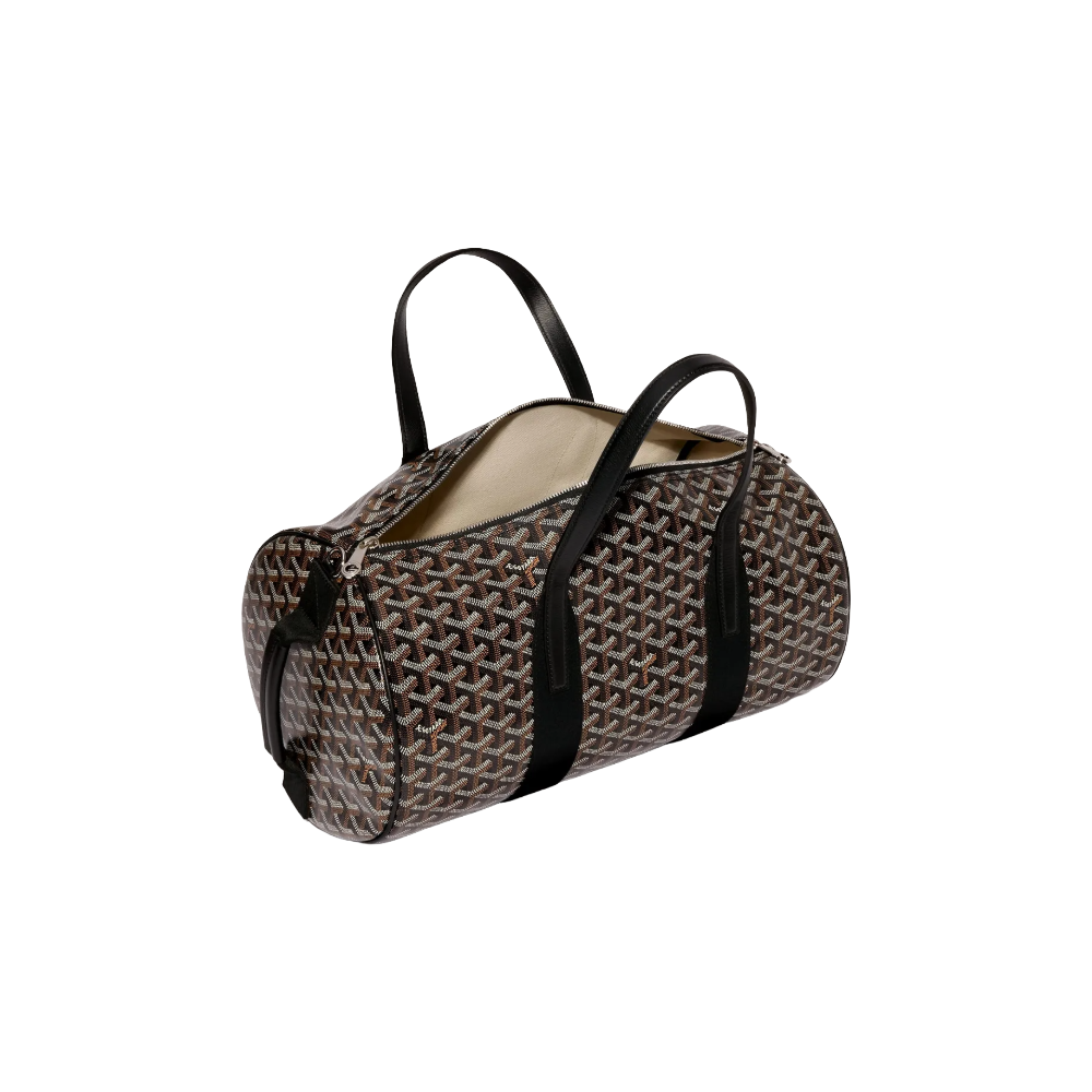 Open Goyard Barrel 40 Sports Bag in Black showing spacious interior with linen-cotton lining and double-zip closure – authentic designer travel bag at McKickz.