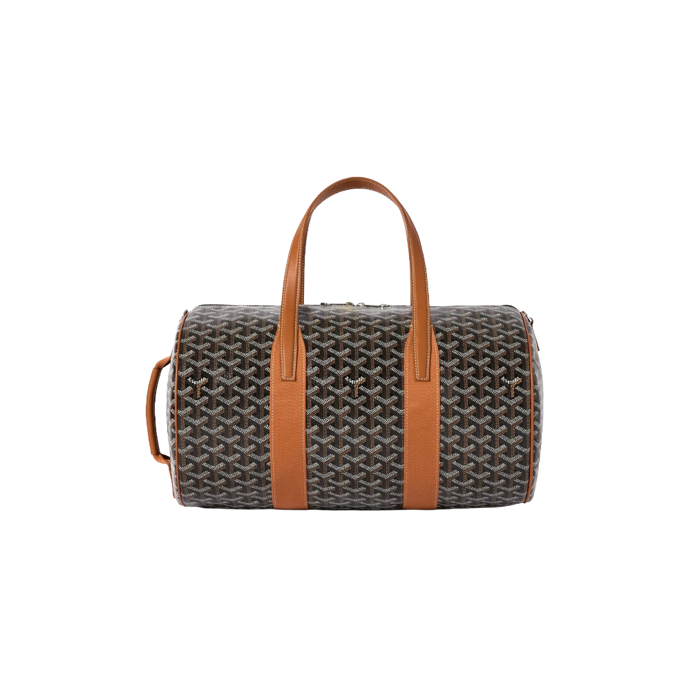 Front view of Goyard Barrel 40 Sports Bag in Black and Tan featuring dual leather handles and iconic chevron pattern – luxury duffle for sport or travel.