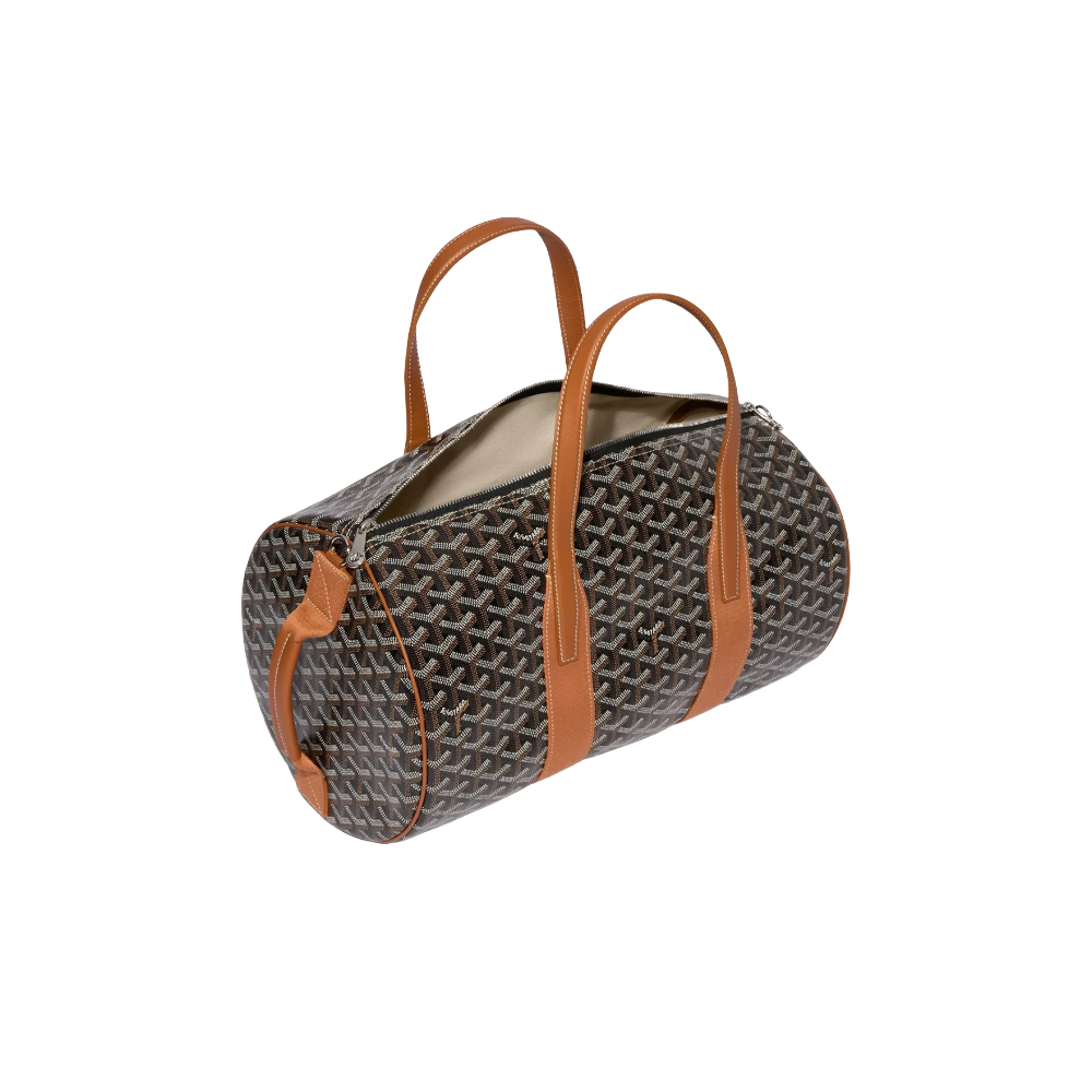 Open Goyard Barrel 40 Sports Bag in Black and Tan showing spacious linen-cotton lined interior and double-zip closure – authentic designer travel bag at McKickz.