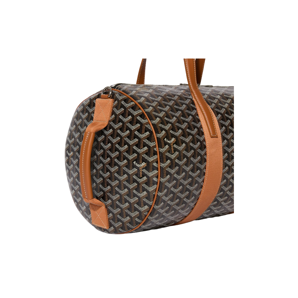 Close-up of Goyard Barrel 40 Sports Bag in Black and Tan with signature Goyardine canvas and palladium hardware, side handle view – available at McKickz.