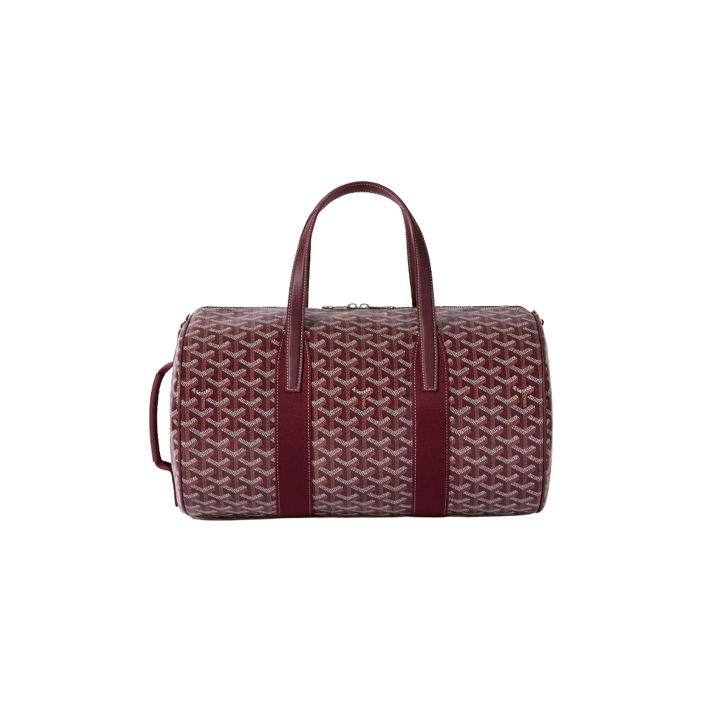 Front view of Goyard Barrel 40 Sports Bag in Burgundy Red featuring dual leather handles and iconic chevron pattern – luxury duffle for sport or travel.