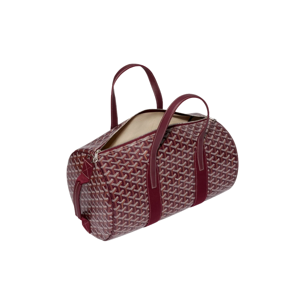 Open Goyard Barrel 40 Sports Bag in Burgundy Red showing spacious linen-cotton lined interior and double-zip closure – authentic designer travel bag at McKickz.