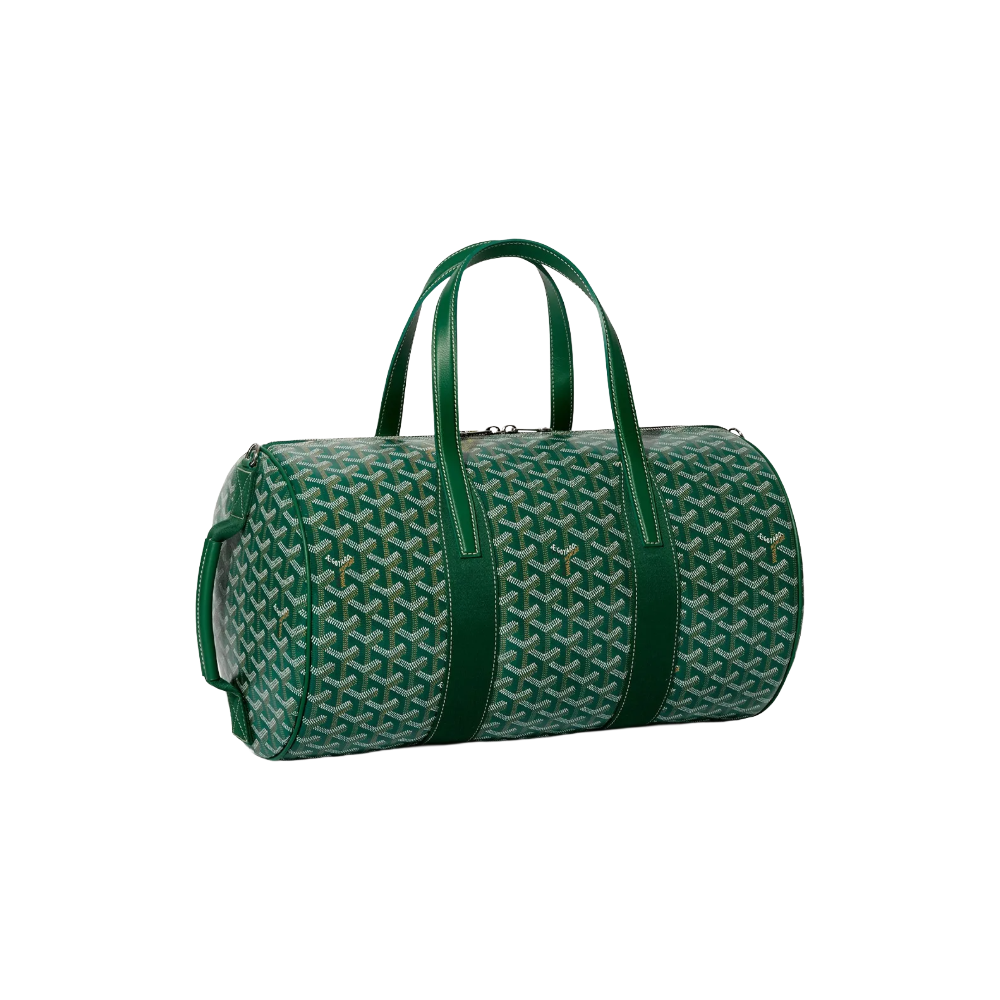 Angled view of Goyard Barrel 40 Sports Bag in Green highlighting adjustable strap attachments and premium calfskin trim – shop designer bags at McKickz.
