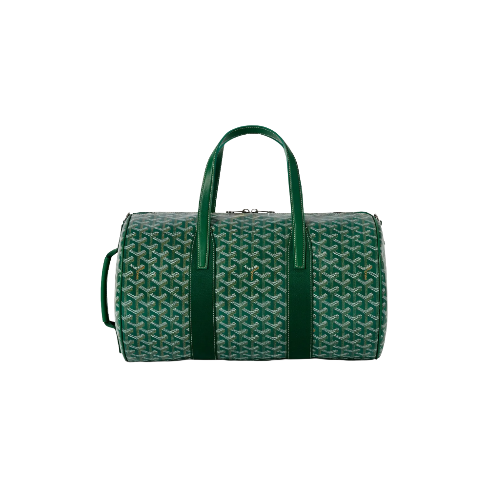 Front view of Goyard Barrel 40 Sports Bag in Green featuring dual leather handles and iconic chevron pattern – luxury duffle for sport or travel.