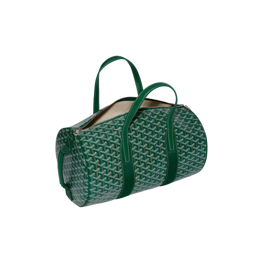 Open Goyard Barrel 40 Sports Bag in Green showing spacious linen-cotton lined interior and double-zip closure – authentic designer travel bag at McKickz.
