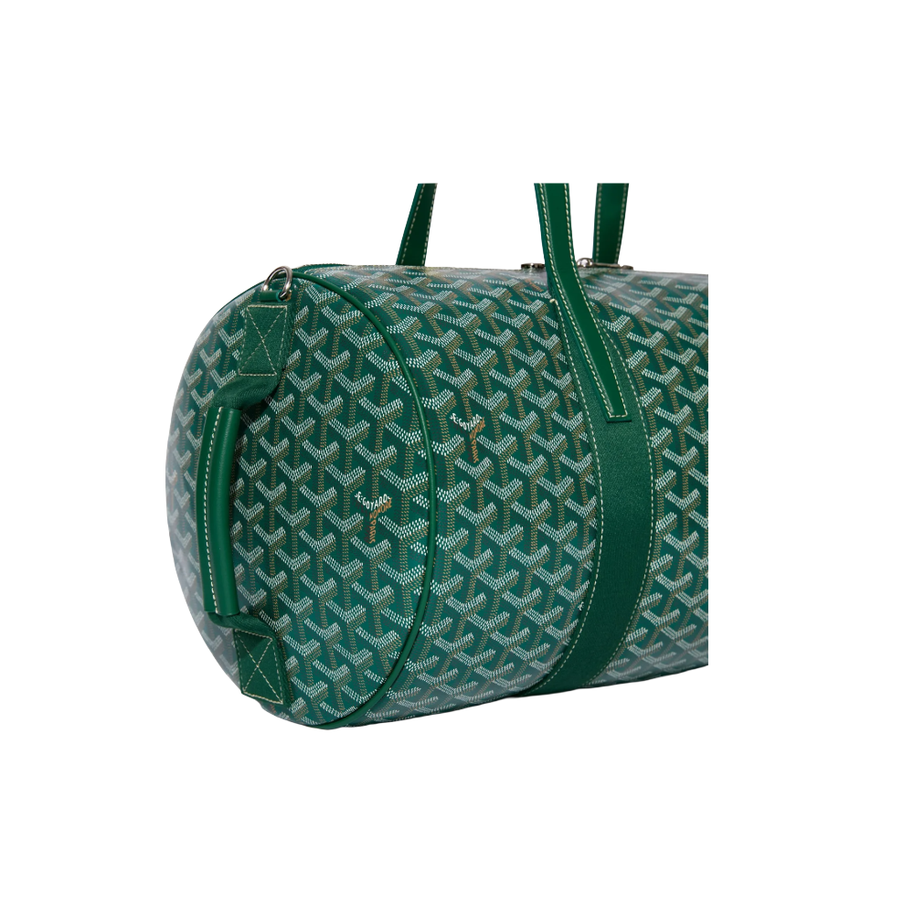 Close-up of Goyard Barrel 40 Sports Bag in Green with signature Goyardine canvas and palladium hardware, side handle view – available at McKickz.