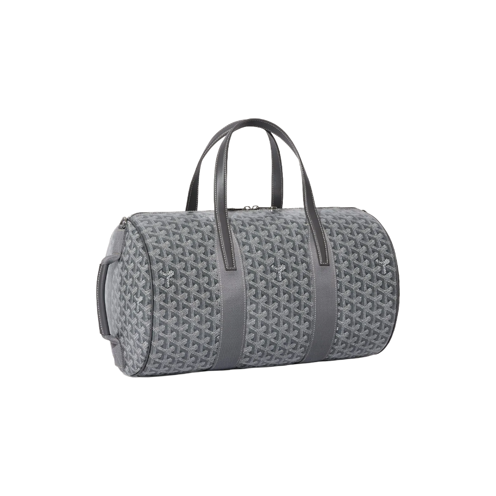 Angled view of Goyard Barrel 40 Sports Bag in Grey highlighting adjustable strap attachments and premium calfskin trim – shop designer bags at McKickz.