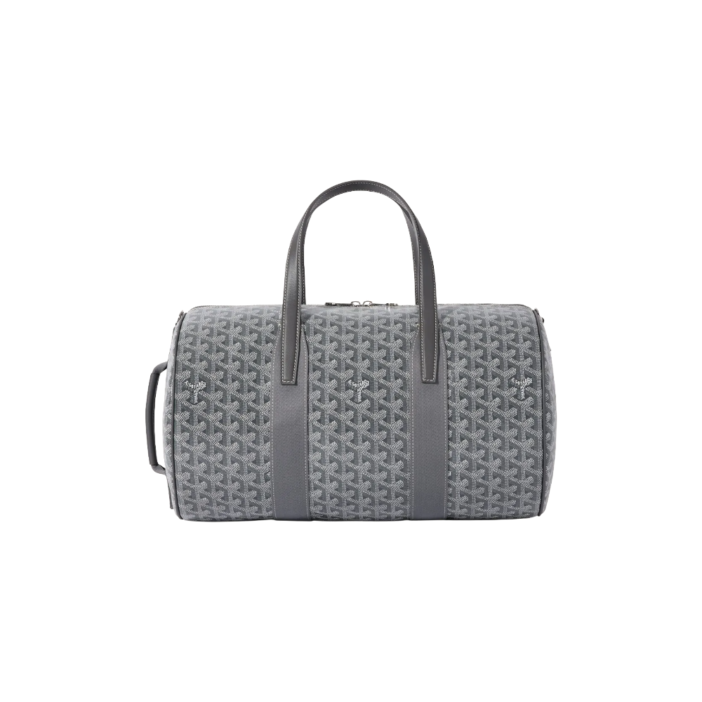 Front view of Goyard Barrel 40 Sports Bag in Grey featuring dual leather handles and iconic chevron pattern – luxury duffle for sport or travel.