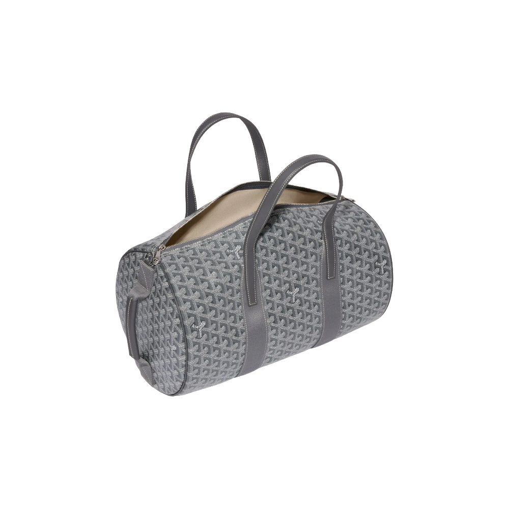 Open Goyard Barrel 40 Sports Bag in Grey showing spacious linen-cotton lined interior and double-zip closure – authentic designer travel bag at McKickz.