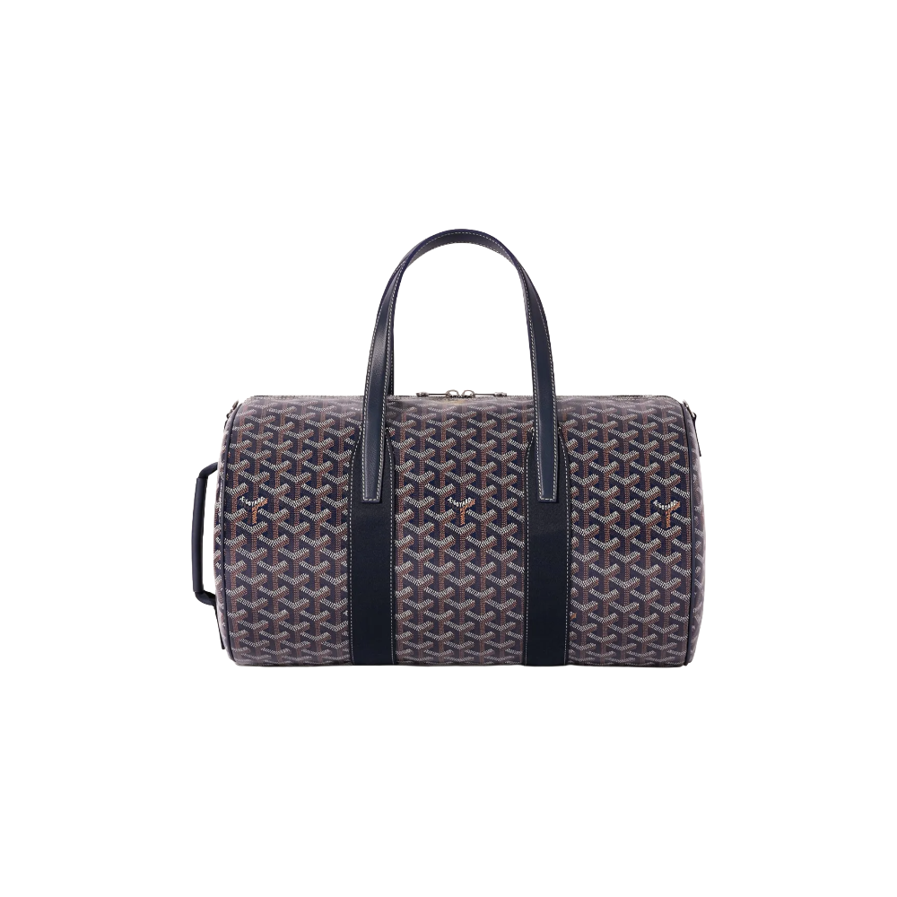 Front view of Goyard Barrel 40 Sports Bag in Navy Blue featuring dual leather handles and signature chevron pattern – luxury duffle for sport or travel.