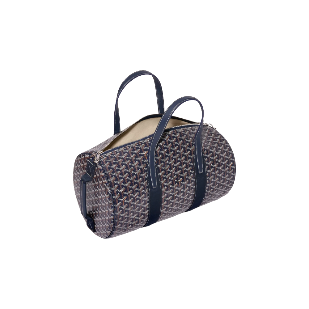 Open Goyard Barrel 40 Sports Bag in Navy Blue showing spacious interior with linen-cotton lining and double-zip closure – authentic designer travel bag at McKickz.