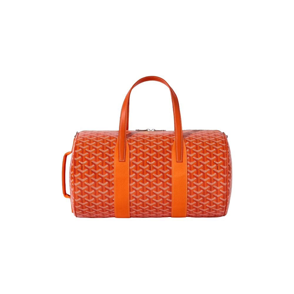 Front view of Goyard Barrel 40 Sports Bag in Orange featuring dual leather handles and iconic chevron pattern – luxury duffle for sport or travel.