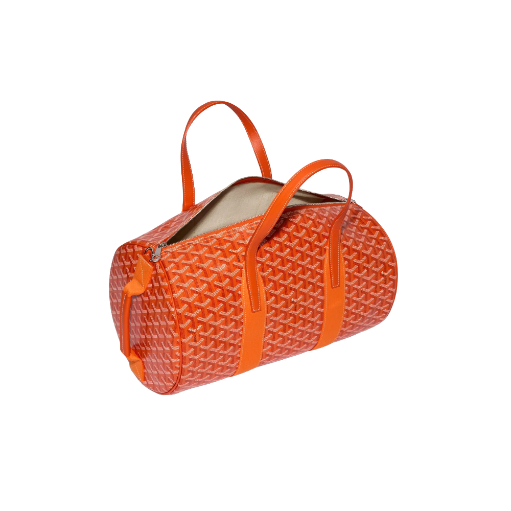 Open Goyard Barrel 40 Sports Bag in Orange showing spacious linen-cotton lined interior and double-zip closure – authentic designer travel bag at McKickz.