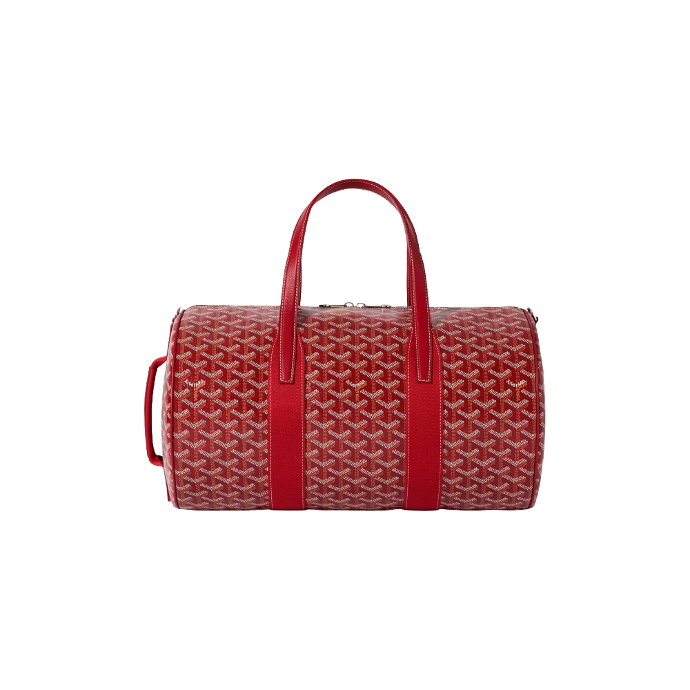 Front view of Goyard Barrel 40 Sports Bag in Red featuring dual leather handles and iconic chevron pattern – luxury duffle for sport or travel.