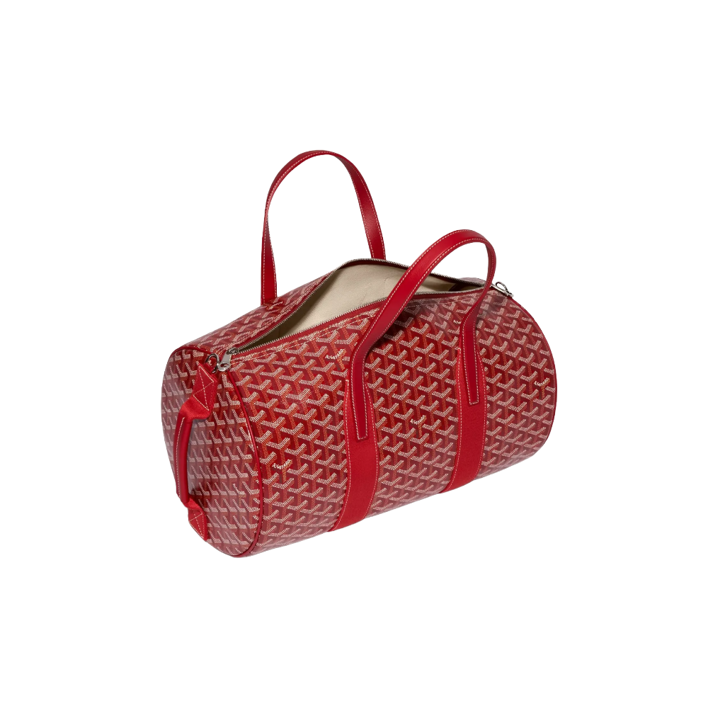 Open Goyard Barrel 40 Sports Bag in Red showing spacious linen-cotton lined interior and double-zip closure – authentic designer travel bag at McKickz.