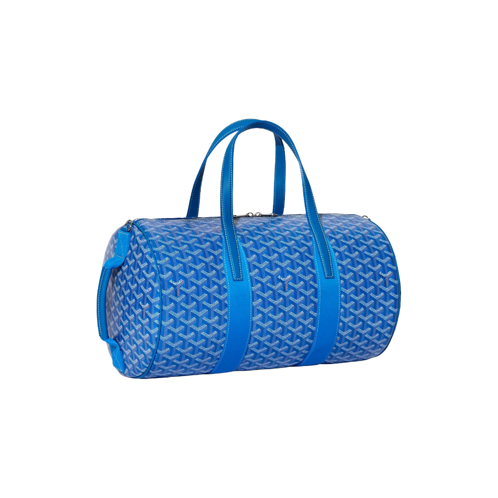 Angled view of Goyard Barrel 40 Sports Bag in Sky Blue highlighting adjustable strap attachments and premium calfskin trim – shop designer bags at McKickz.