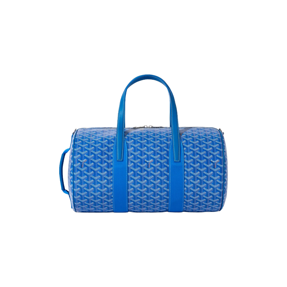 Front view of Goyard Barrel 40 Sports Bag in Sky Blue featuring dual leather handles and iconic chevron pattern – luxury duffle for sport or travel.