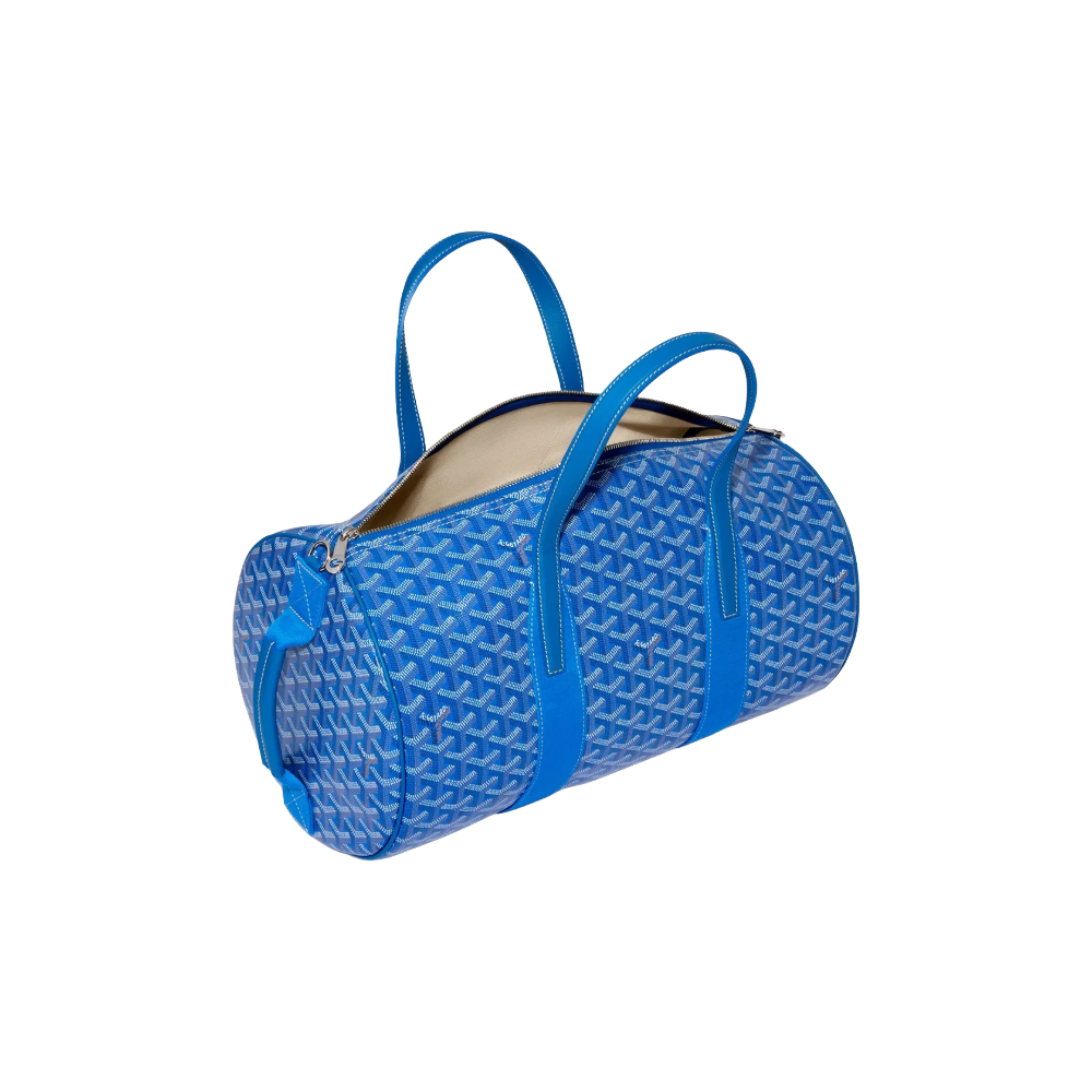 Open Goyard Barrel 40 Sports Bag in Sky Blue showing spacious linen-cotton lined interior and double-zip closure – authentic designer travel bag at McKickz.