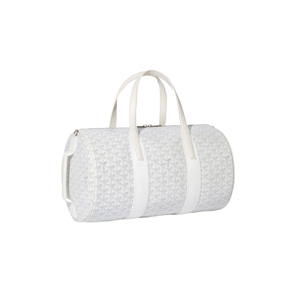 Angled view of Goyard Barrel 40 Sports Bag in White highlighting adjustable strap attachments and premium calfskin trim – shop designer bags at McKickz.