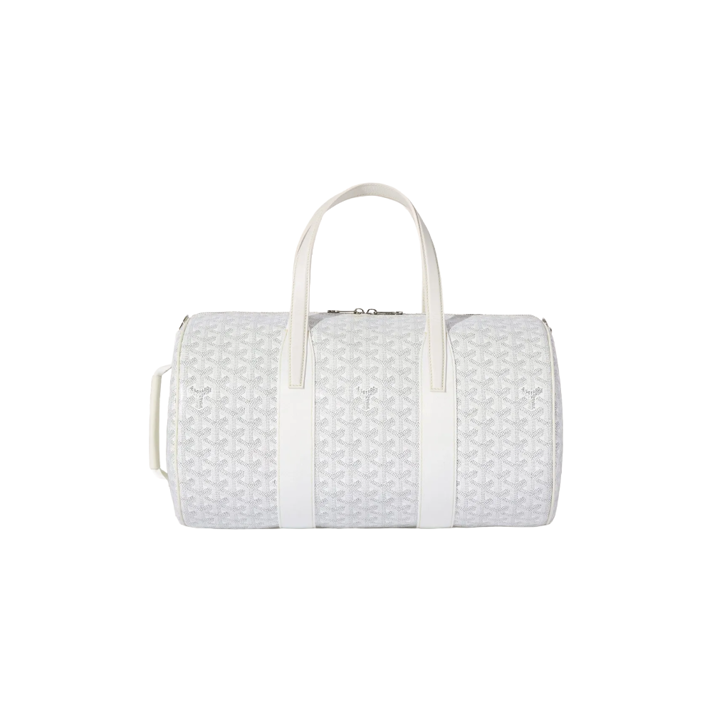 Front view of Goyard Barrel 40 Sports Bag in White featuring dual leather handles and iconic chevron pattern – luxury duffle for sport or travel.