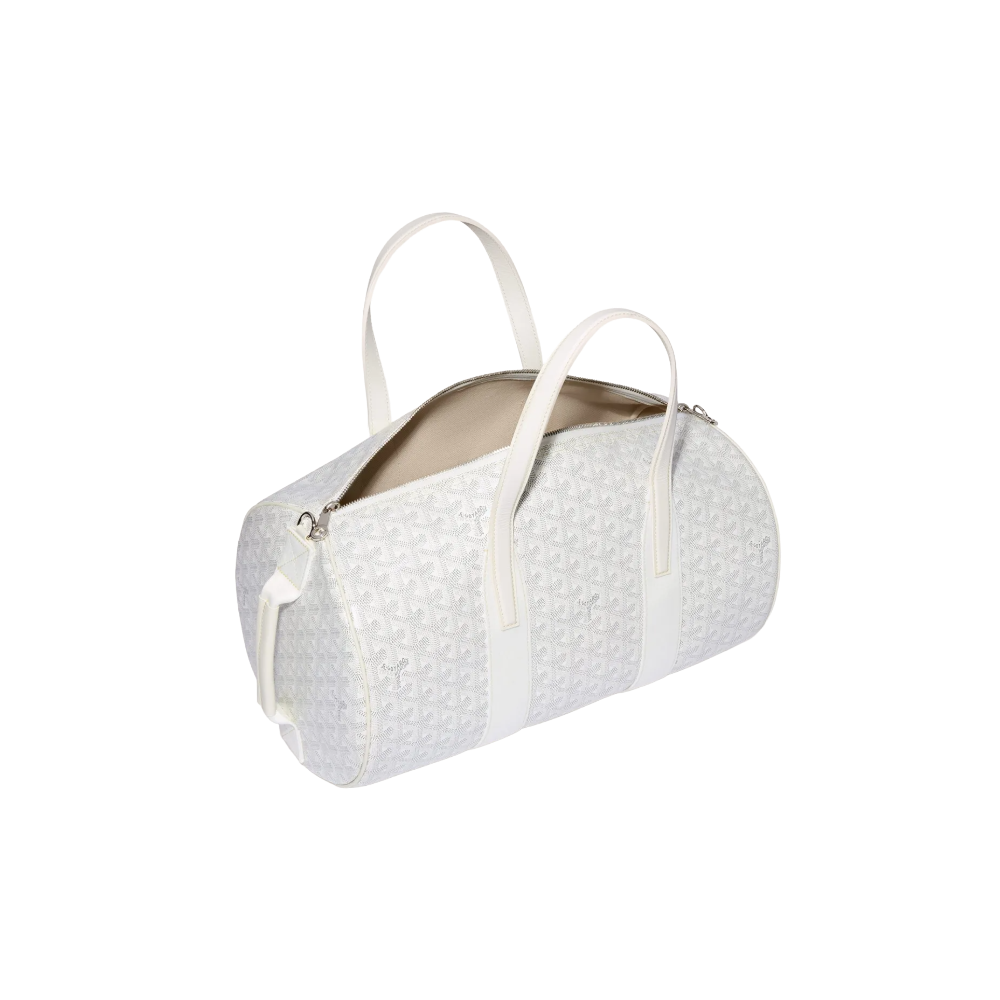 Open Goyard Barrel 40 Sports Bag in White showing spacious linen-cotton lined interior and double-zip closure – authentic designer travel bag at McKickz.
