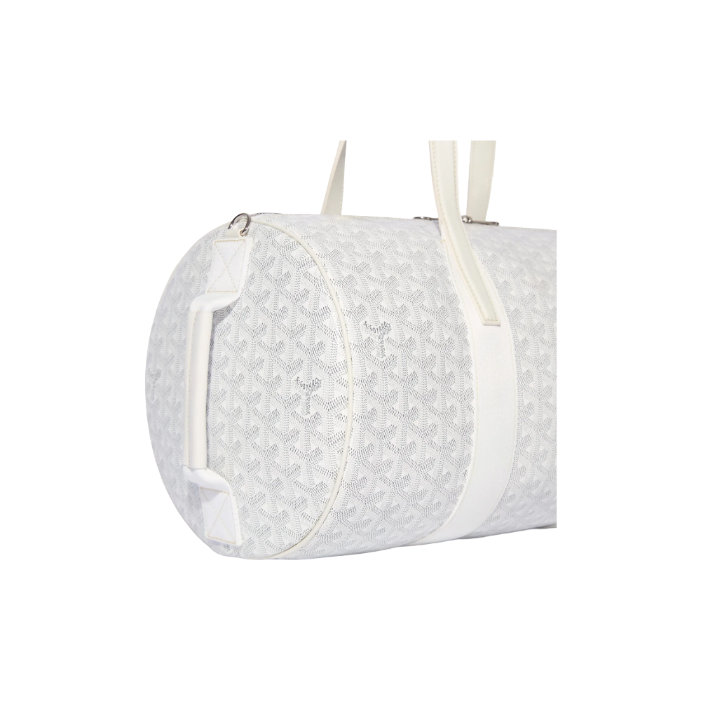 Close-up of Goyard Barrel 40 Sports Bag in White with signature Goyardine canvas and palladium hardware, side handle view – available at McKickz.