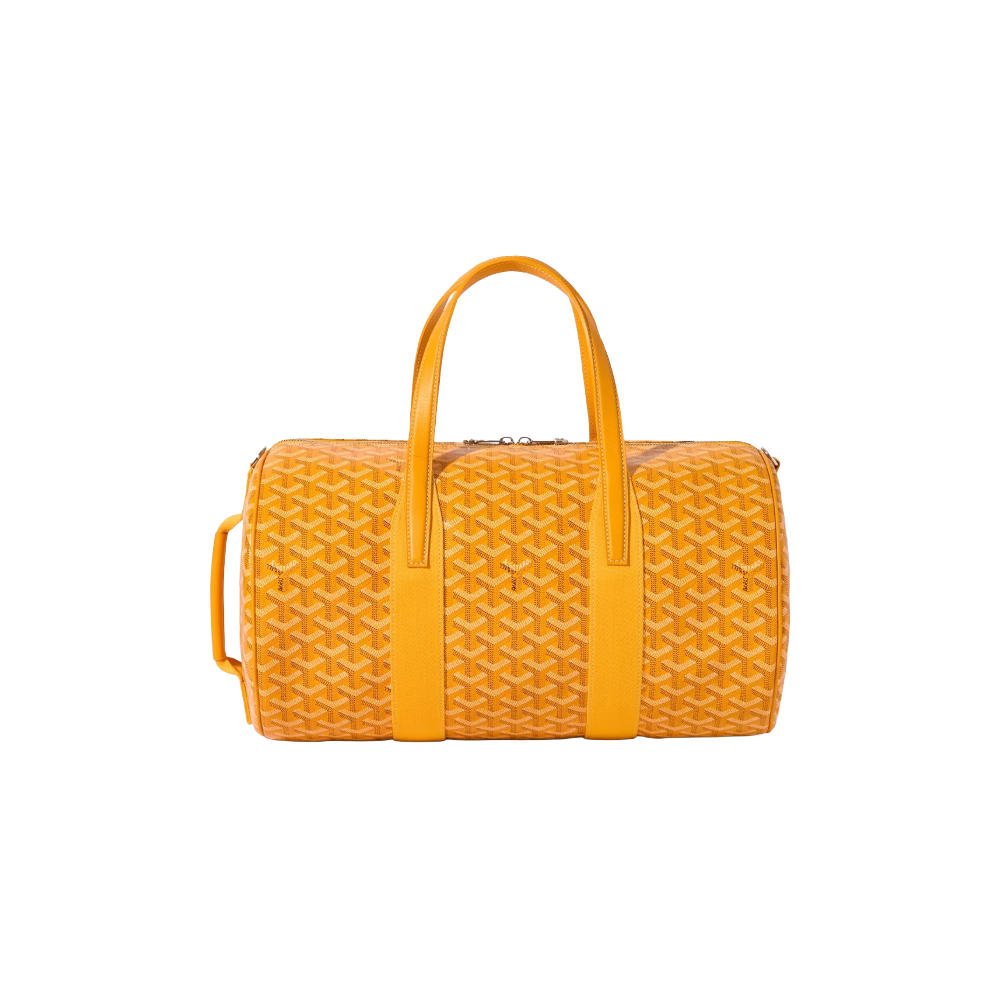 Front view of Goyard Barrel 40 Sports Bag in Yellow featuring dual leather handles and iconic chevron pattern – luxury duffle for sport or travel.