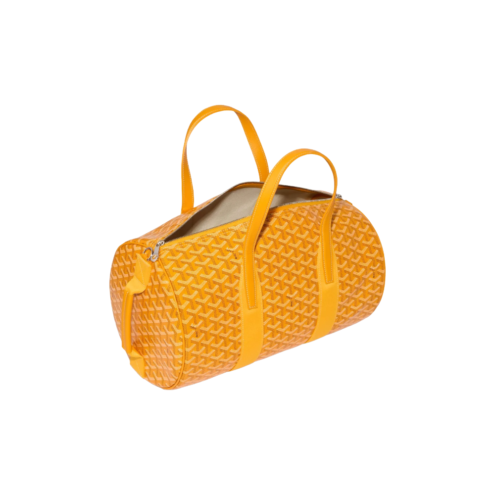 Open Goyard Barrel 40 Sports Bag in Yellow showing spacious linen-cotton lined interior and double-zip closure – authentic designer travel bag at McKickz.