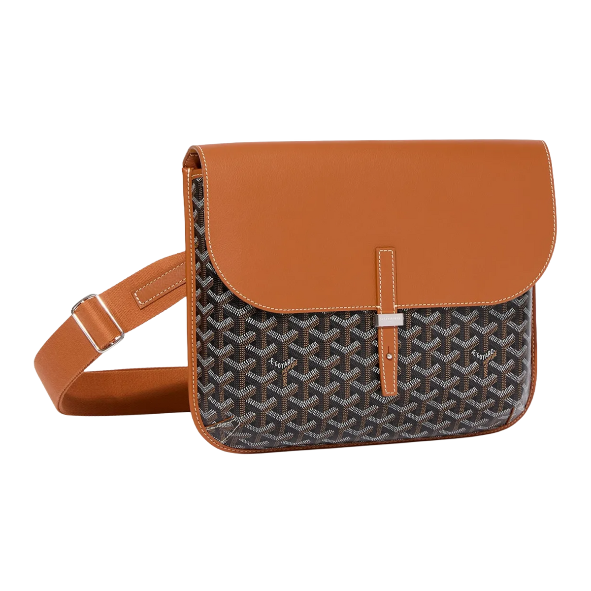 Side profile of Goyard Coursier Messenger Bag in black and tan with Goyardine canvas and leather flap closure.