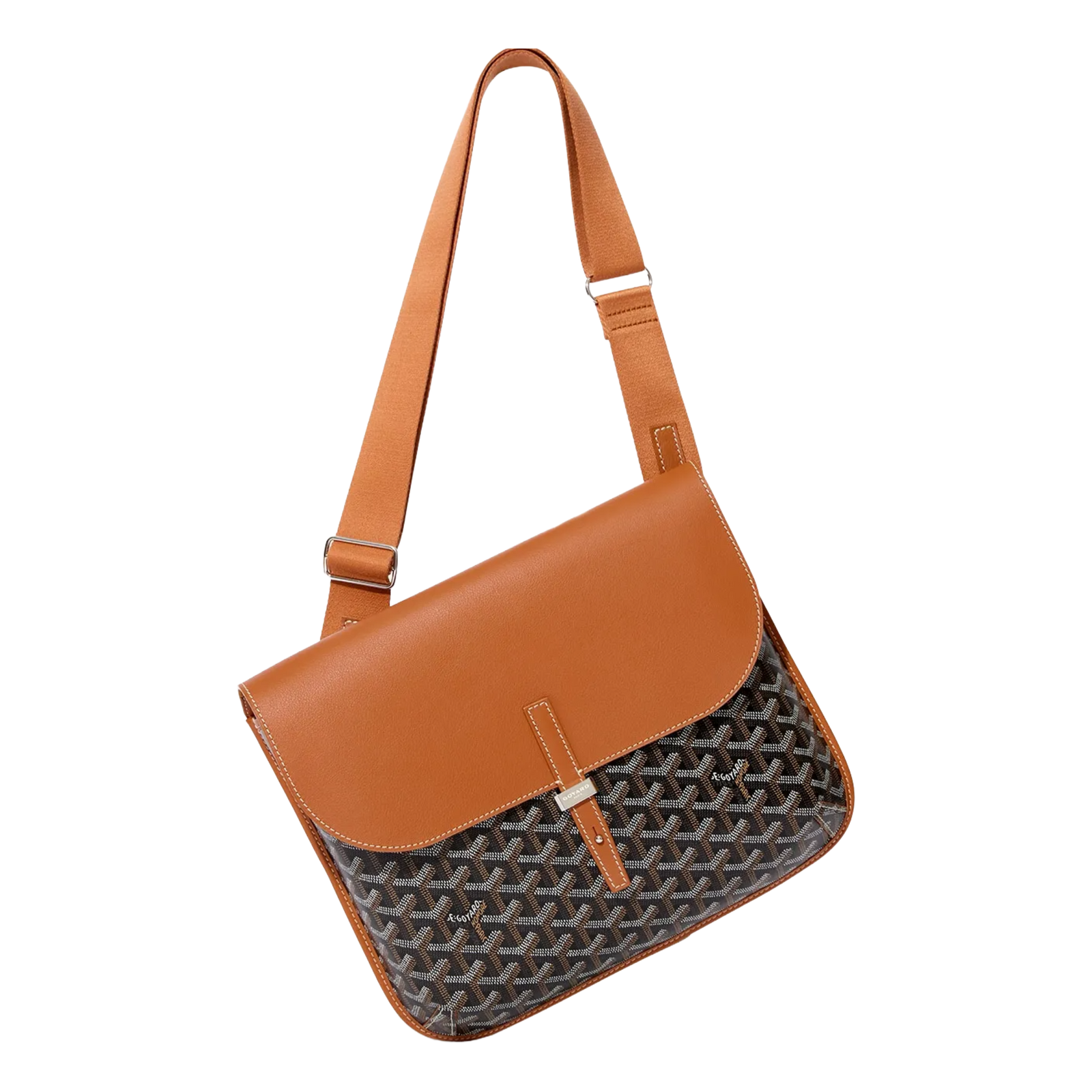 Angled view of Goyard Coursier Messenger Bag highlighting sleek profile and adjustable strap.