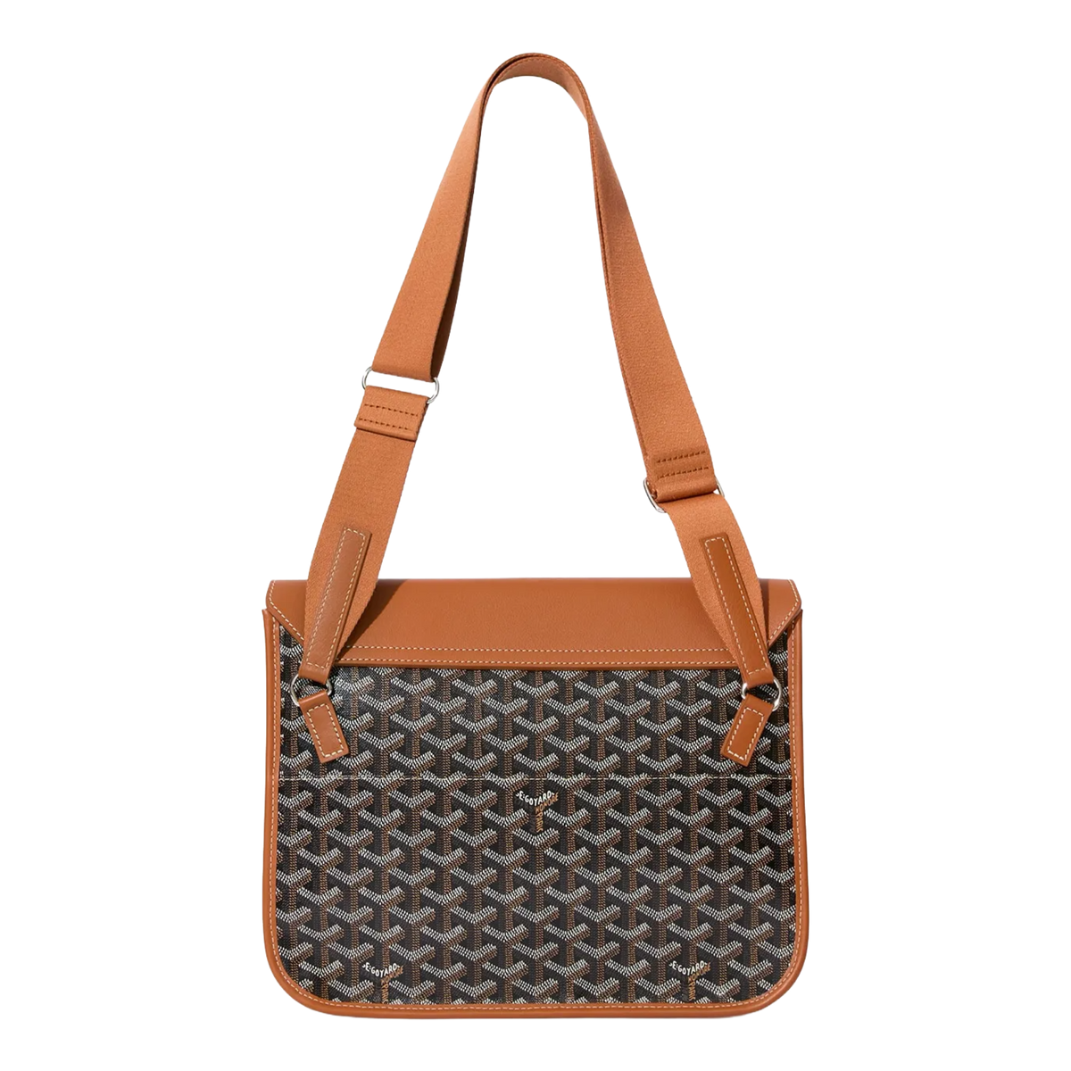 Back view of Goyard Coursier Messenger Bag showing adjustable black shoulder strap and patterned canvas.