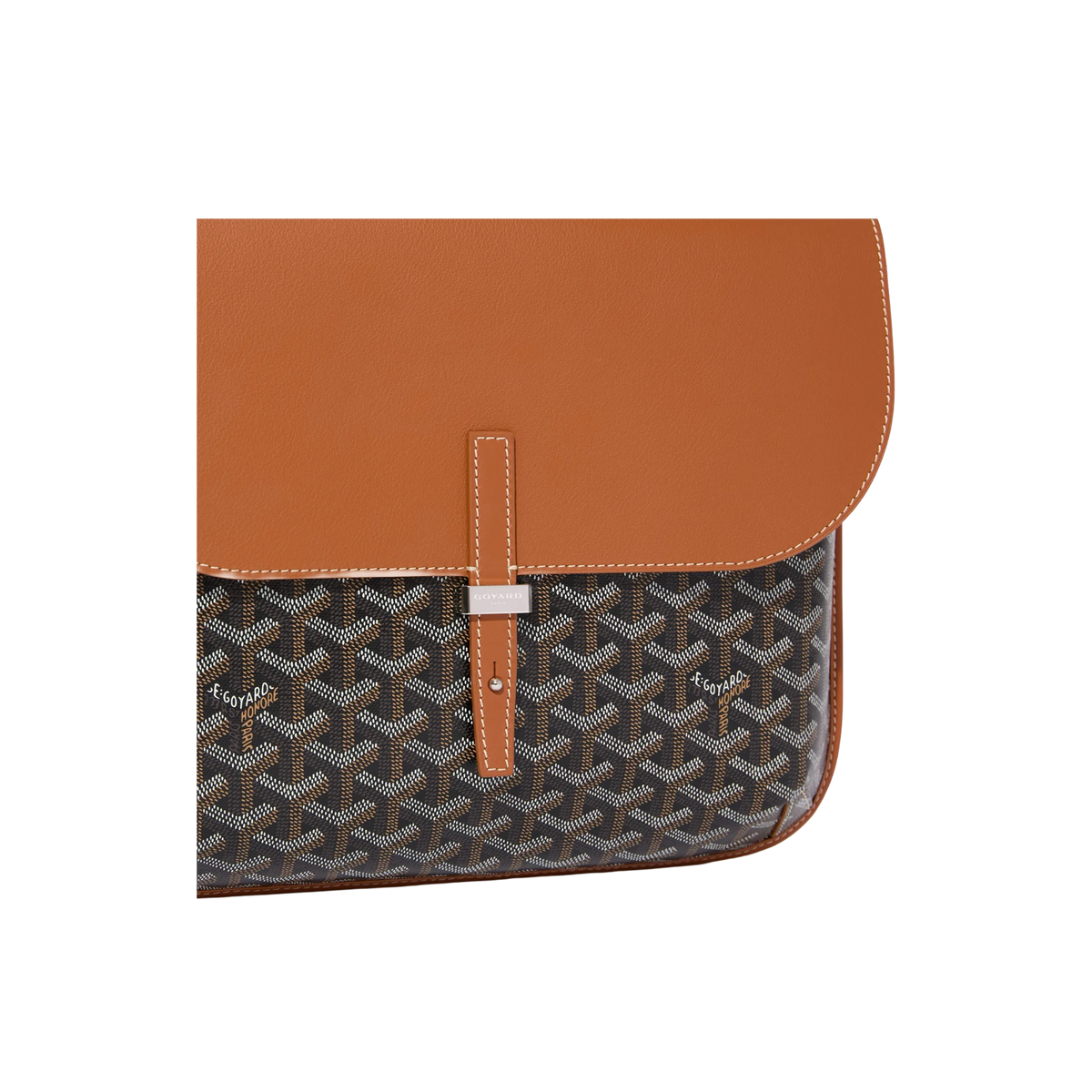 Front view of black Goyard Coursier Messenger Bag with signature Goyardine canvas and leather strap closure.