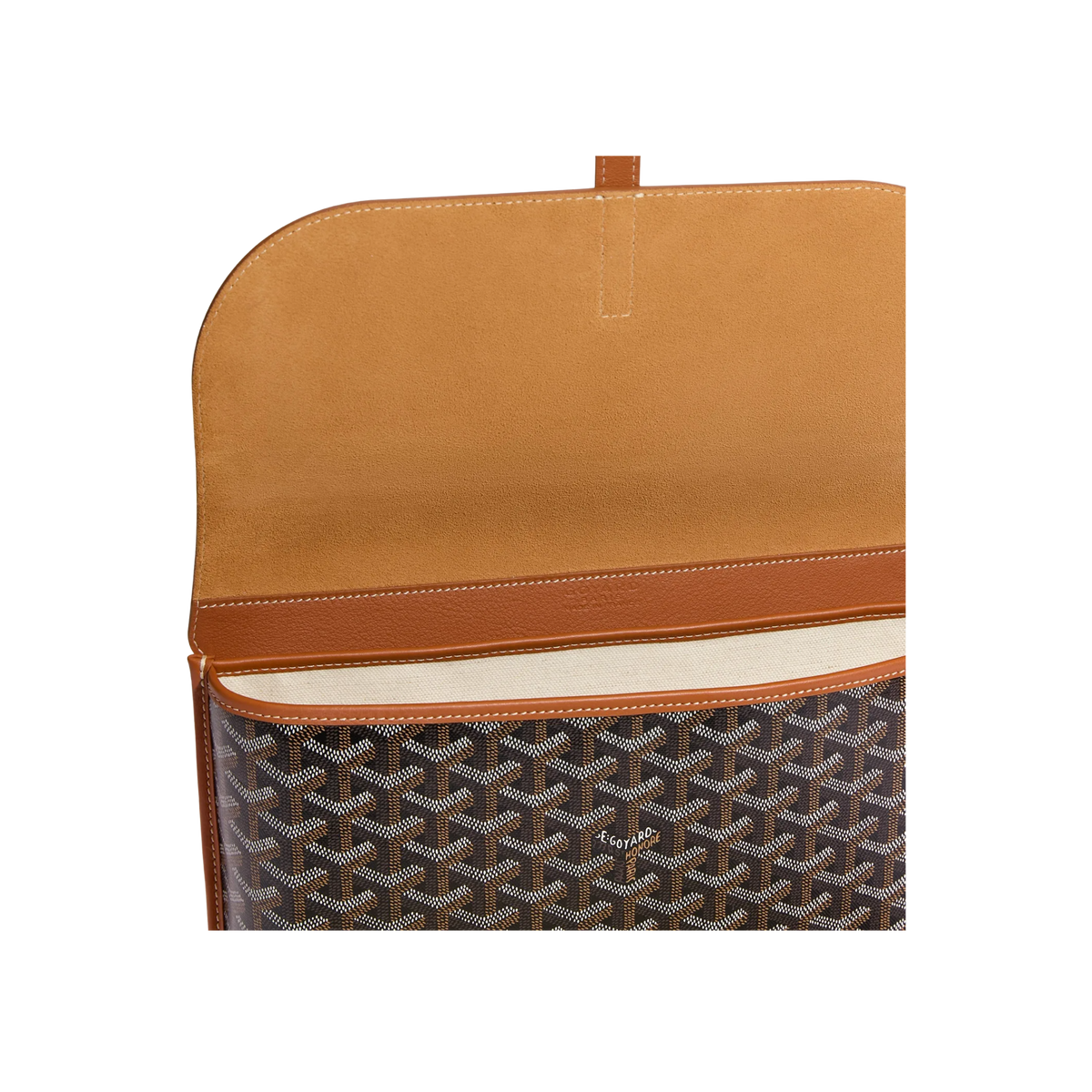 Open Goyard Coursier Messenger Bag in black with visible beige interior and premium leather flap.