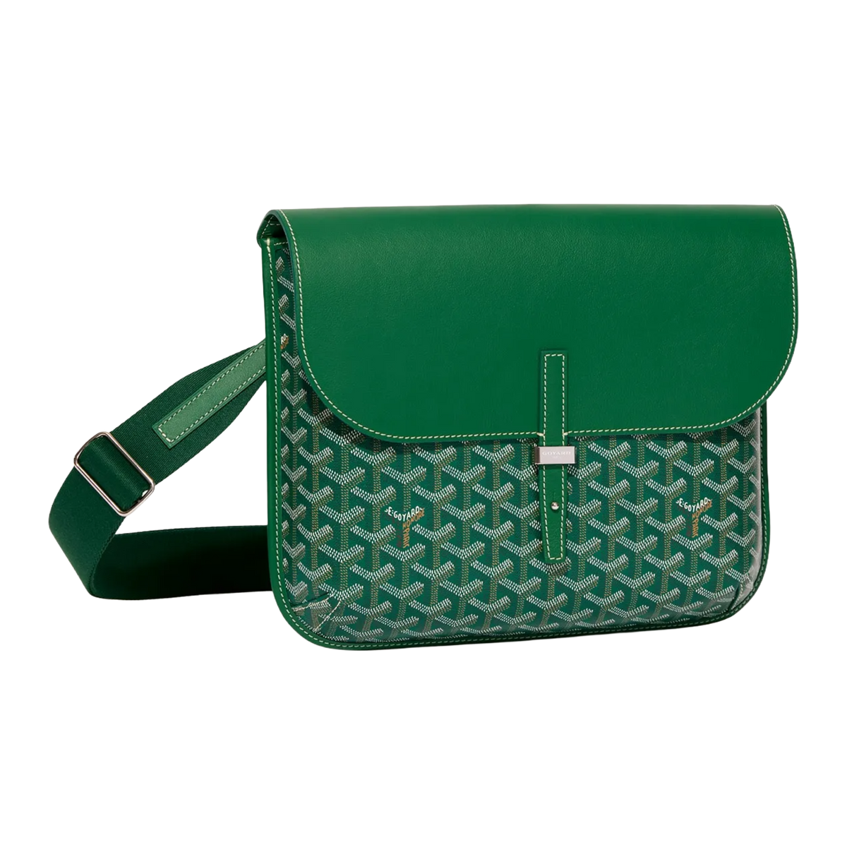 Side profile of Goyard Coursier Green Messenger Bag in black with Goyardine canvas and leather flap closure.