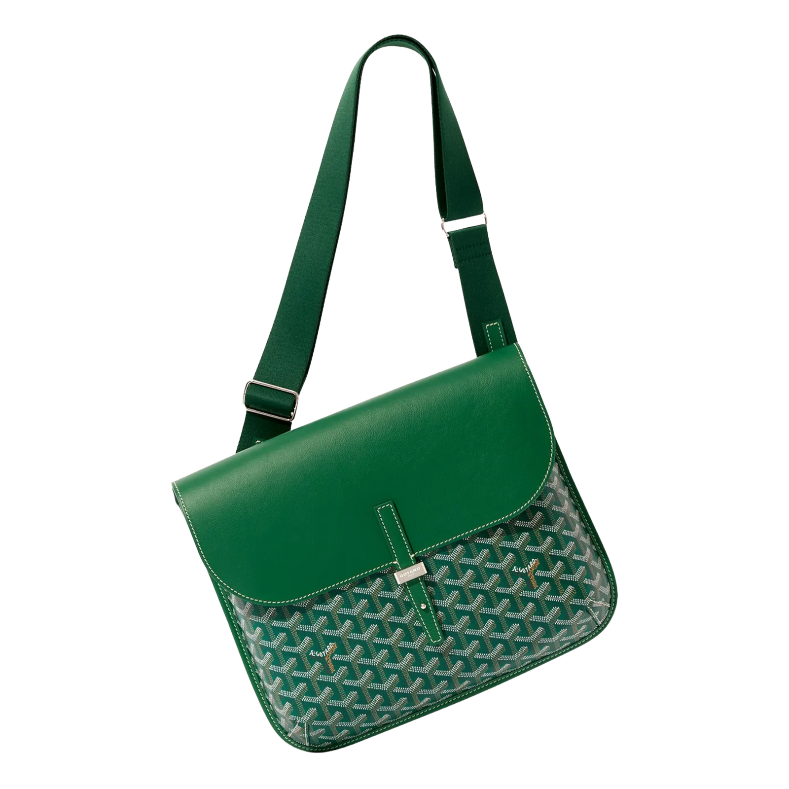 Angled view of Goyard Coursier Green Messenger Bag highlighting sleek profile and adjustable strap.