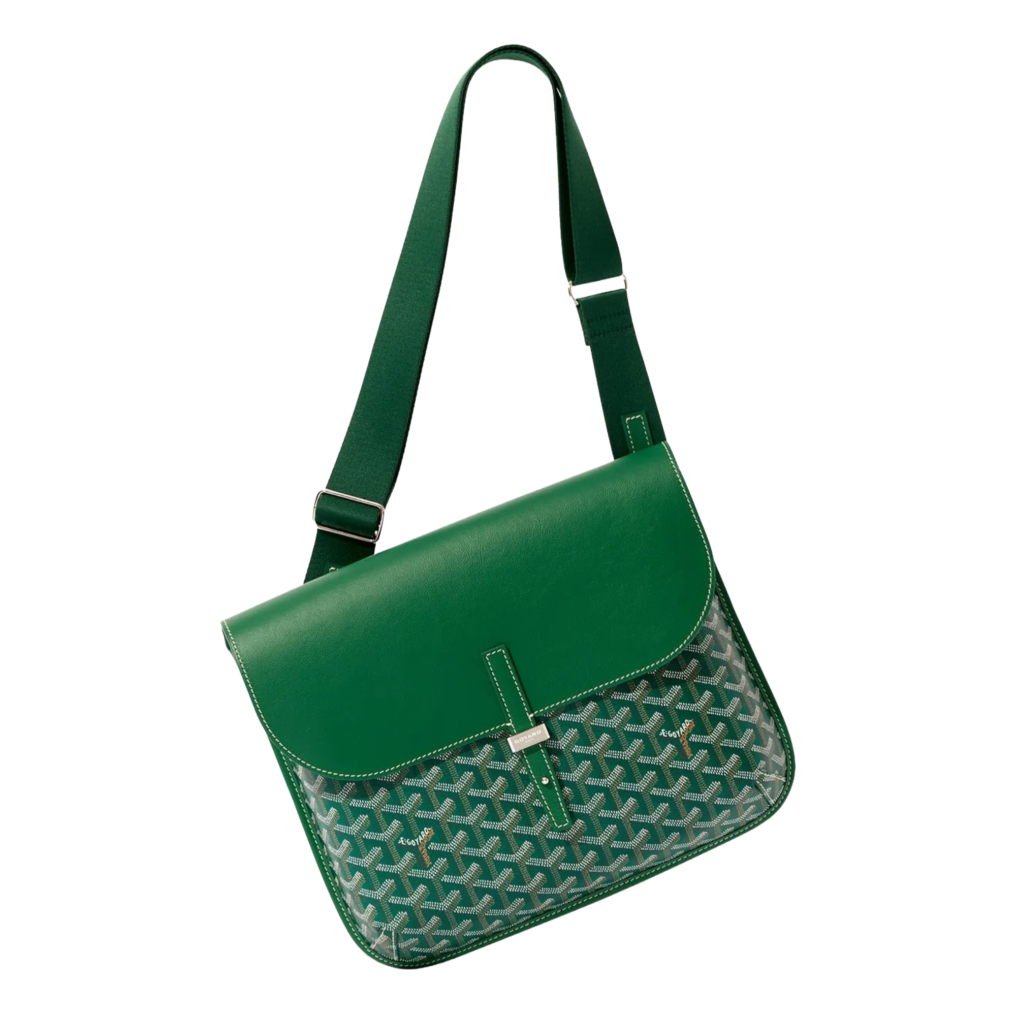 Angled view of Goyard Coursier Green Messenger Bag highlighting sleek profile and adjustable strap.