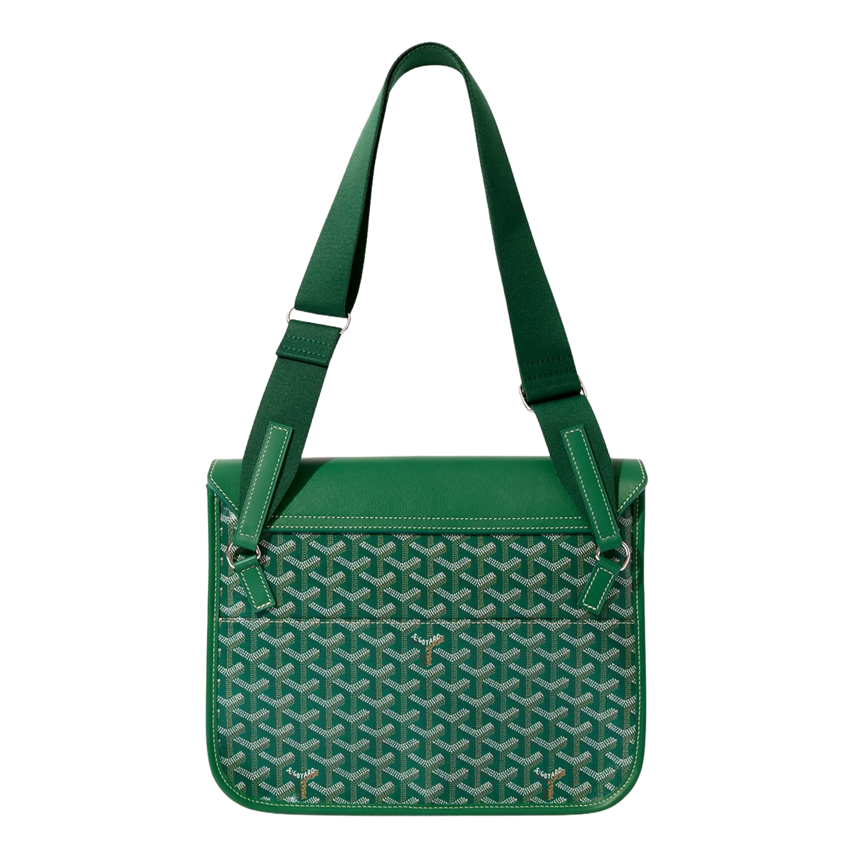 Back view of Goyard Coursier Green Messenger Bag showing adjustable black shoulder strap and patterned canvas.