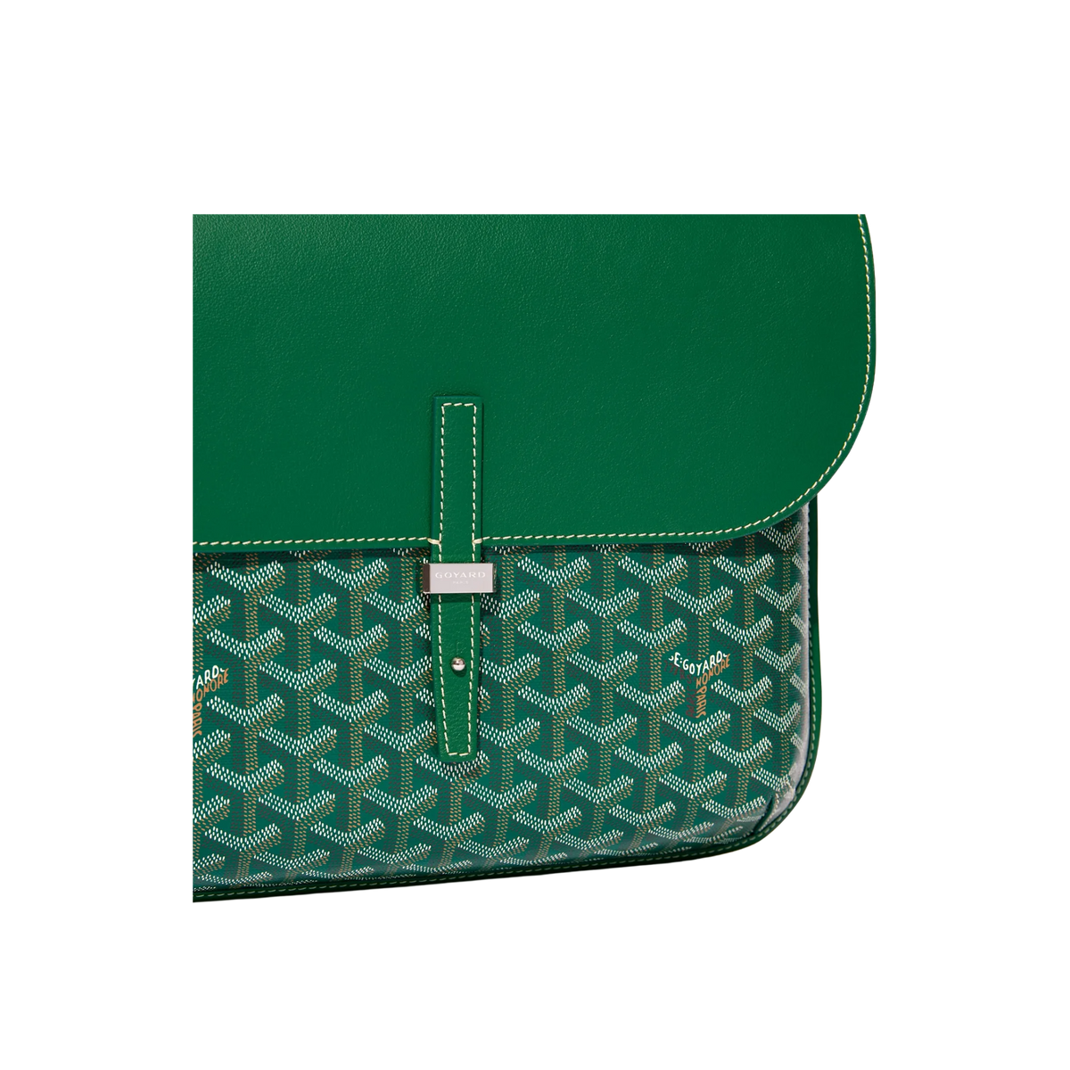 Front view of black Goyard Coursier Green Messenger Bag with signature Goyardine canvas and leather strap closure.