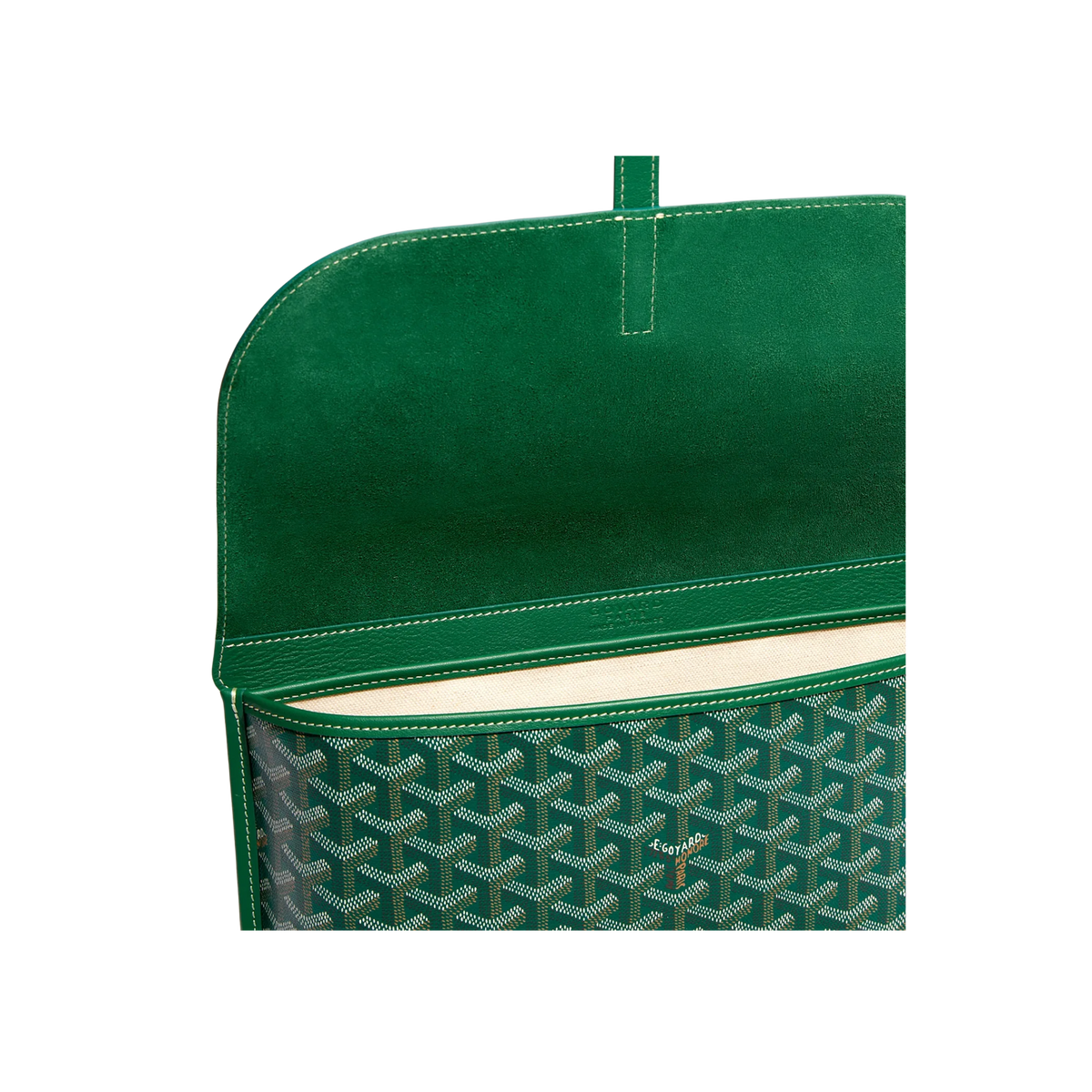 Open Goyard Coursier Green Messenger Bag in black with visible beige interior and premium leather flap.