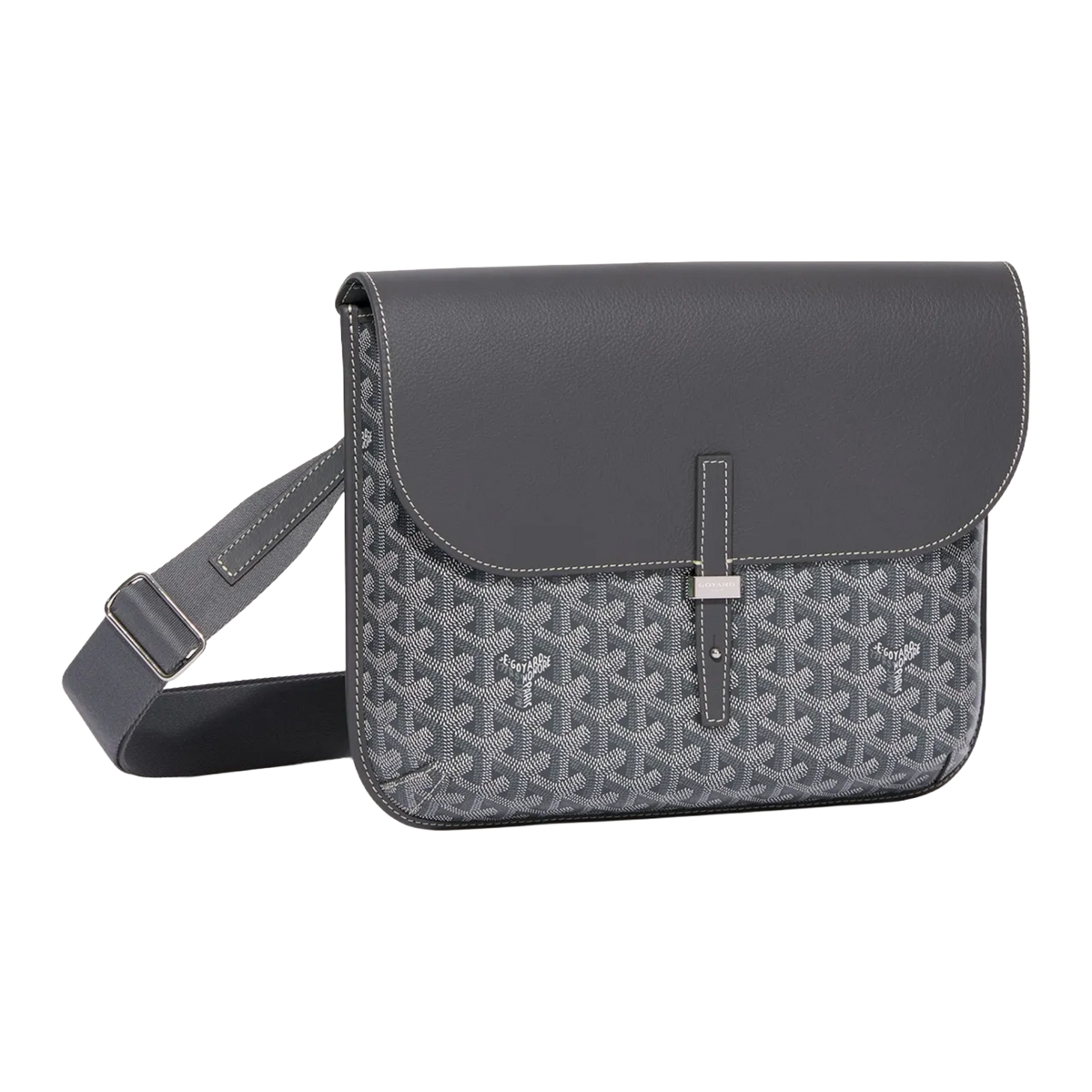 Side profile of Goyard Coursier Grey 
Messenger Bag in black with Goyardine canvas and leather flap closure.