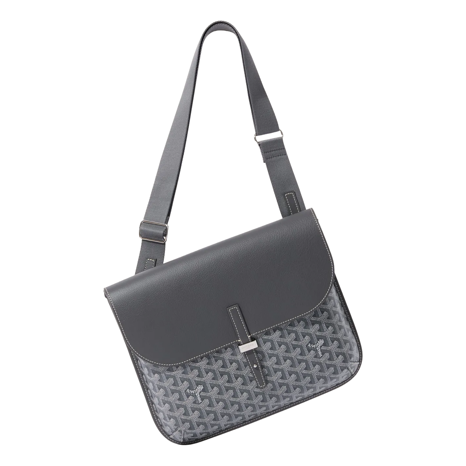 Angled view of Goyard Coursier Grey Messenger Bag highlighting sleek profile and adjustable strap.